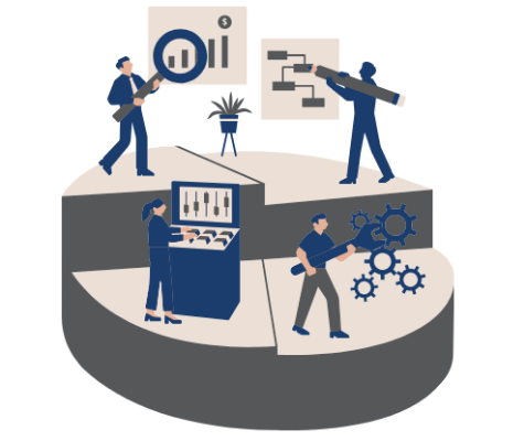 Illustration of a person sitting at a desk with a laptop and another person standing with a lightbulb over their head.